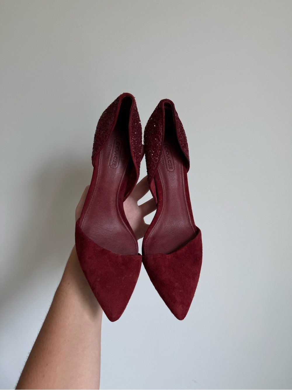 Coach Burgundy Suede and glitter D'Orsay Pointed heels